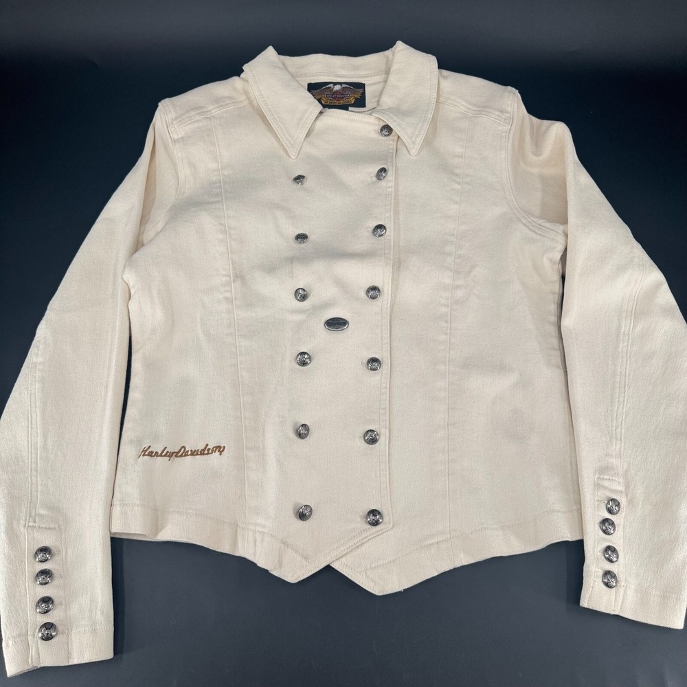 Harley Davidson Motorcycles Jean Jacket WOMENS Beige Cream Button Close SIZE M